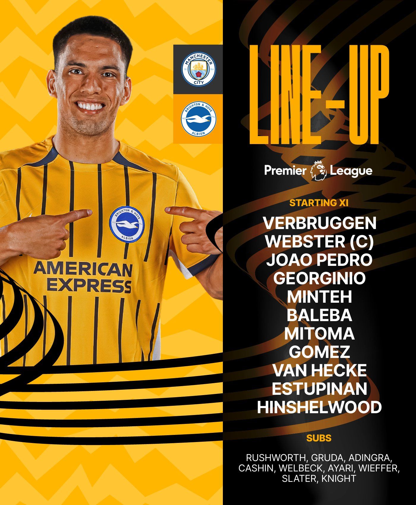 Man City v Albion starting XI graphic featuring Diego: Verbruggen, Webster (C), Joao Pedro, Georginio, Minteh, Baleba, Mitoma, Gomez, van Hecke, Estupinan, Hinshelwood. Come on Albion!