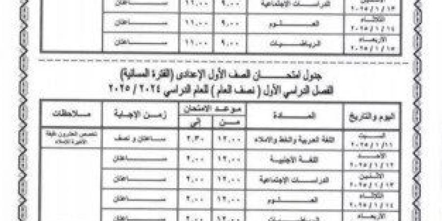 بالمحافظات.. جداول امتحانات الصف الأول الإعدادي 2025 - شبكة أطلس سبورت